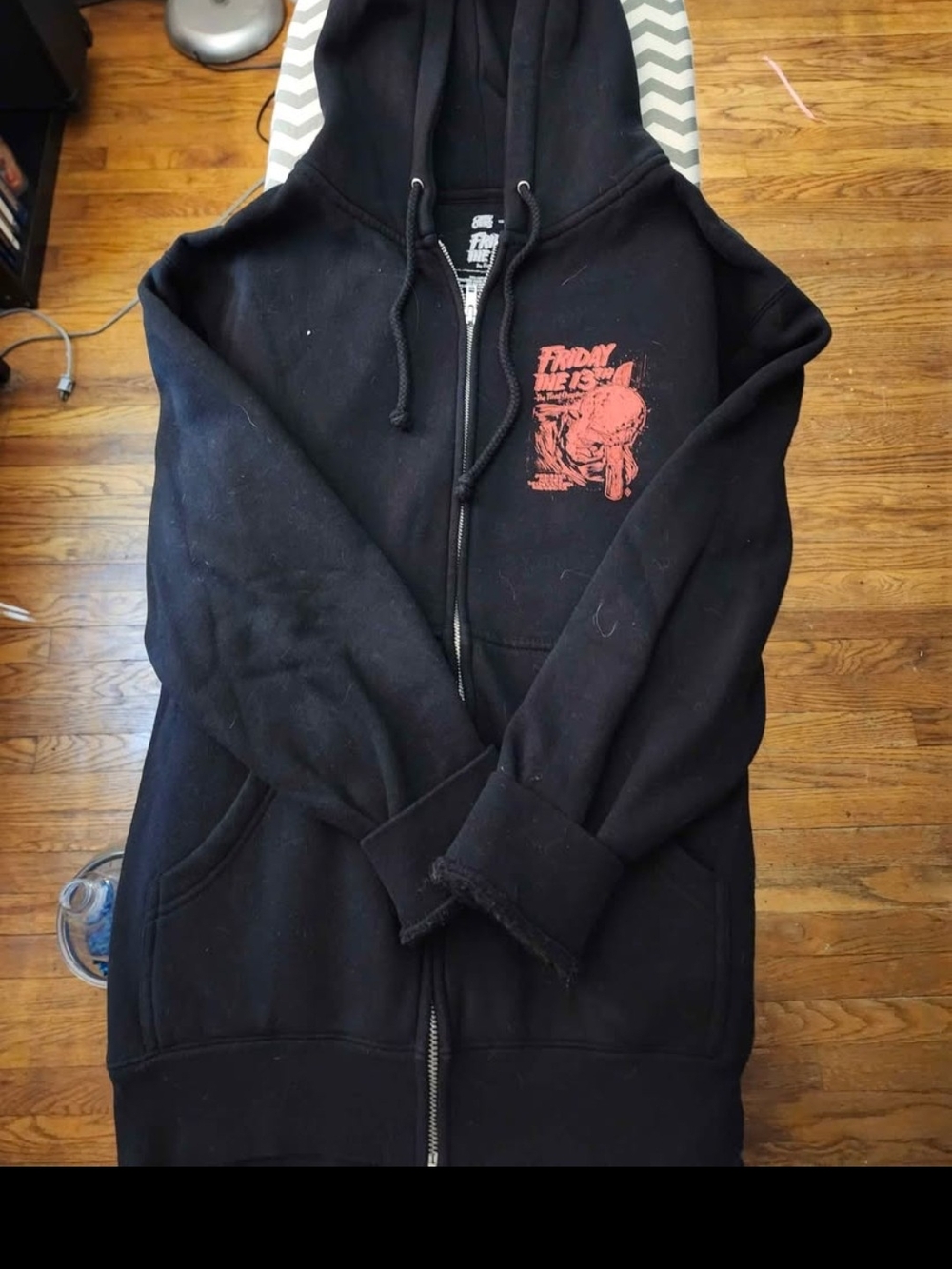Black Graphic Zip-Up Hoodie with Red Print